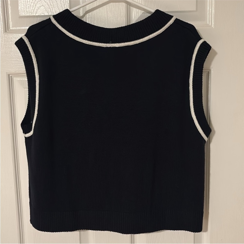 H&M Short V-neck sweater vest sleeveless sweater navy blue white contrast large - Picture 4 of 11